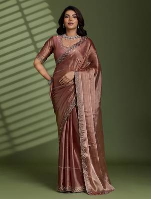 Brown silk blend chiffon embellished saree with unstitched blouse piece 2