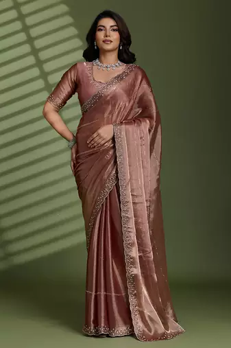 Brown silk blend chiffon embellished saree with unstitched blouse piece