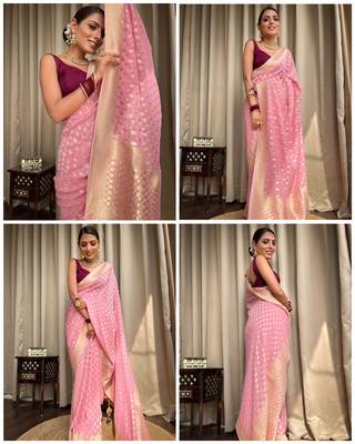 Pink silk blend banarasi jaquard designer saree with blouse 5
