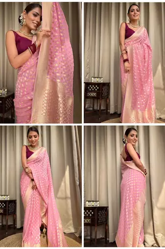 Pink silk blend banarasi jaquard designer saree with blouse