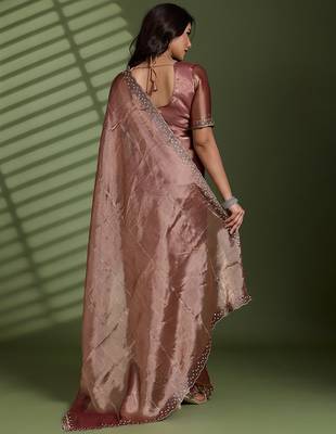 Brown silk blend chiffon embellished saree with unstitched blouse piece 3