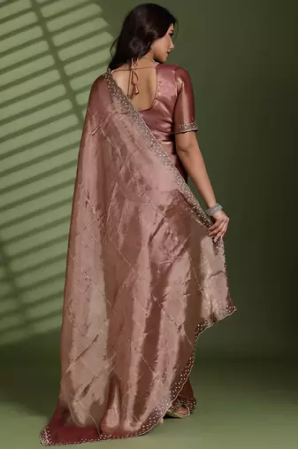 Brown silk blend chiffon embellished saree with unstitched blouse piece