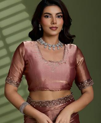 Brown silk blend chiffon embellished saree with unstitched blouse piece 4