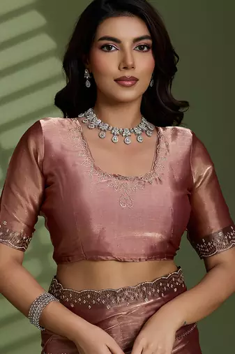 Brown silk blend chiffon embellished saree with unstitched blouse piece