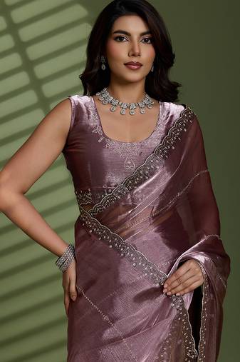 Onion silk chiffon embellished saree with unstitched blouse piece
