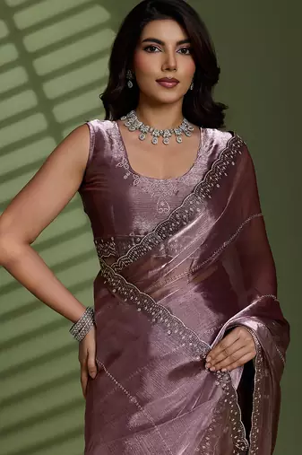 Onion silk chiffon embellished saree with unstitched blouse piece
