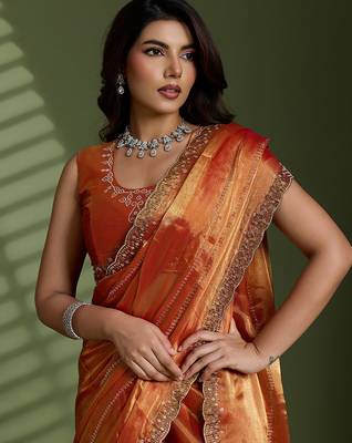 Rust silk blend chiffon embellished saree with unstitched blouse piece 1