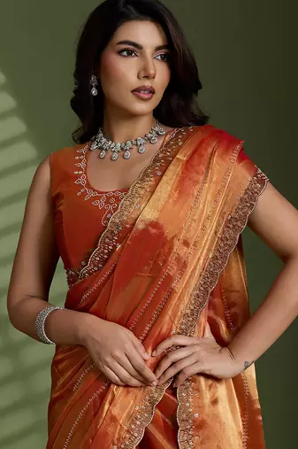 Rust silk chiffon embellished saree with unstitched blouse piece