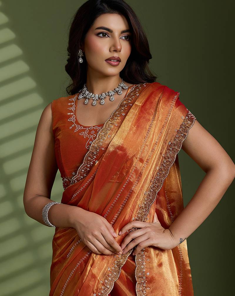 Rust silk chiffon embellished saree with unstitched blouse piece