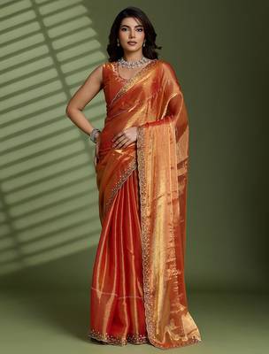 Rust silk blend chiffon embellished saree with unstitched blouse piece 2