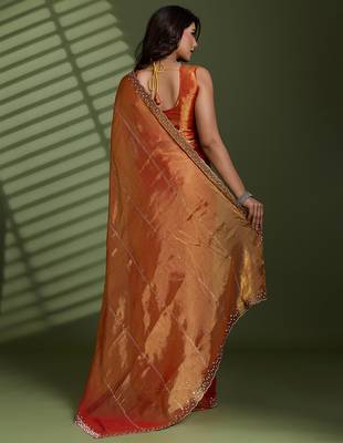 Rust silk blend chiffon embellished saree with unstitched blouse piece 3