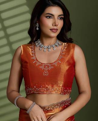 Rust silk blend chiffon embellished saree with unstitched blouse piece 4