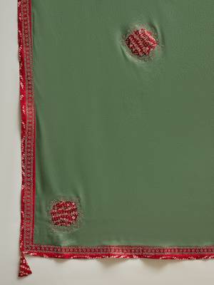 Green chiffon bandhni saree with unstitched blouse piece 5