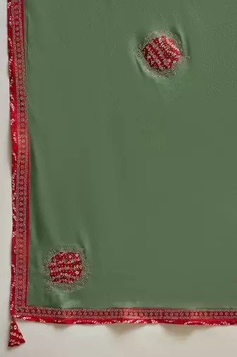 Green chiffon bandhni saree with unstitched blouse piece
