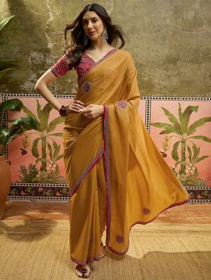 Mustard chiffon bandhni saree with unstitched blouse piece 2