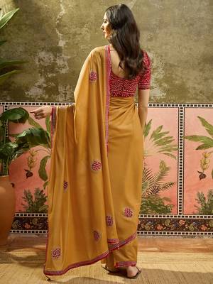 Mustard chiffon bandhni saree with unstitched blouse piece 3