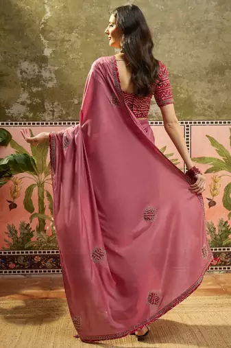 Pink chiffon bandhni saree with unstitched blouse piece