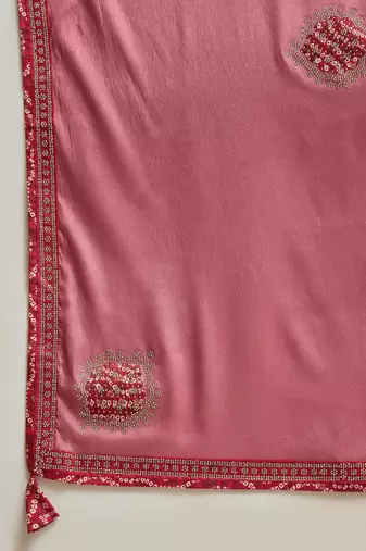 Pink chiffon bandhni saree with unstitched blouse piece