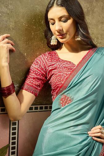 Rama chiffon bandhni saree with unstitched blouse piece