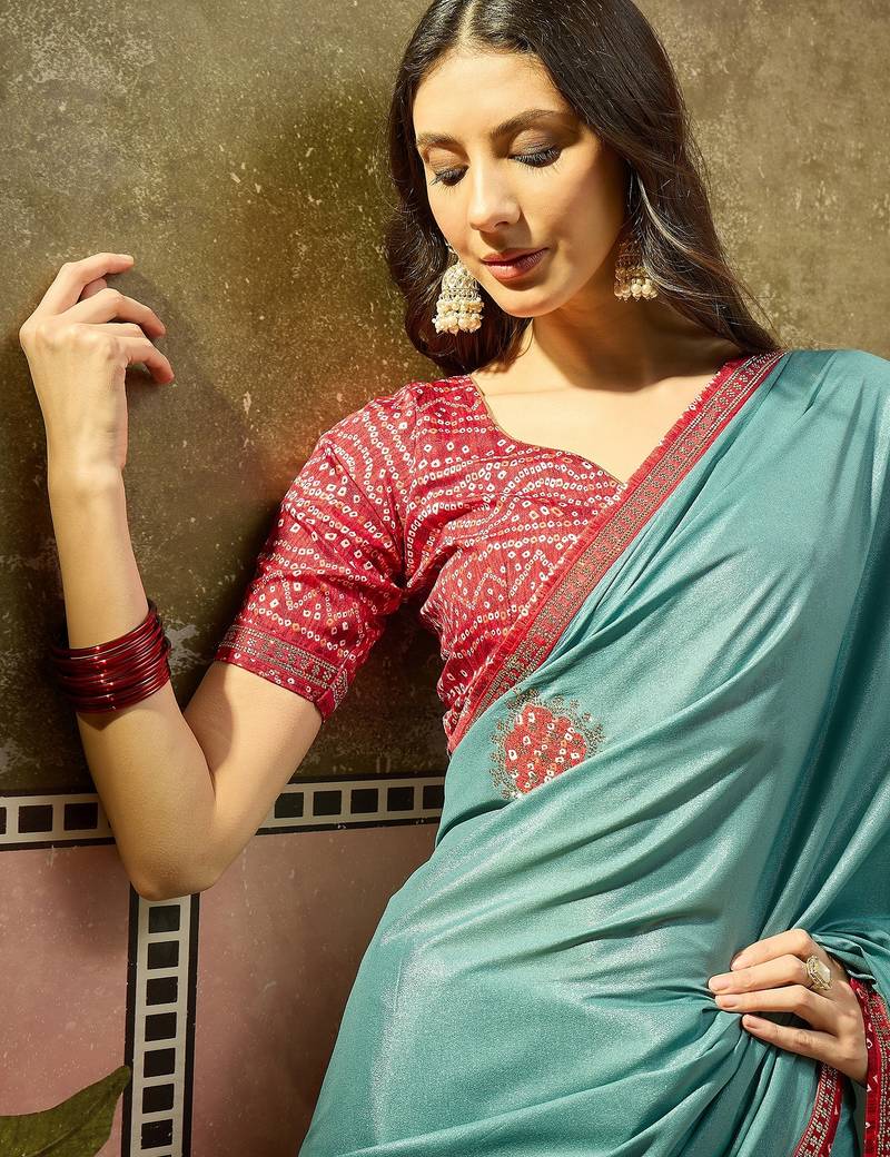 Rama chiffon bandhni saree with unstitched blouse piece