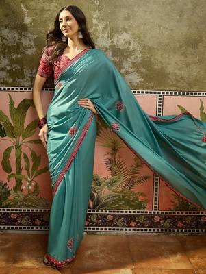 Rama chiffon bandhni saree with unstitched blouse piece 2