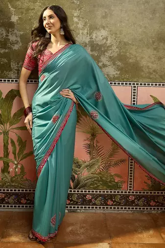 Rama chiffon bandhni saree with unstitched blouse piece