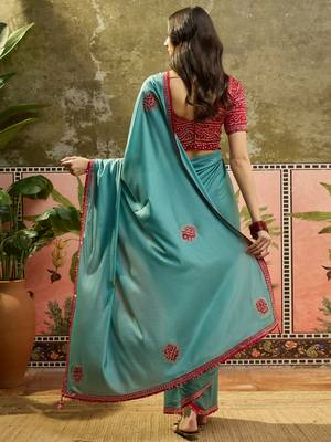 Rama chiffon bandhni saree with unstitched blouse piece 3
