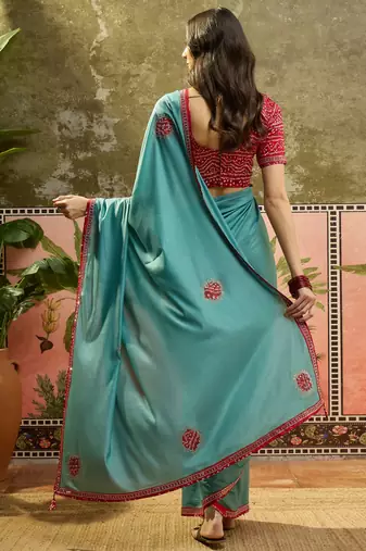 Rama chiffon bandhni saree with unstitched blouse piece