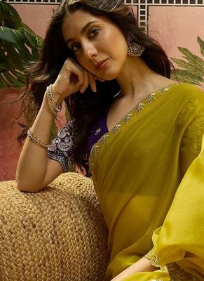 Brown neon chiffon embroidered saree with unstitched blouse piece 1