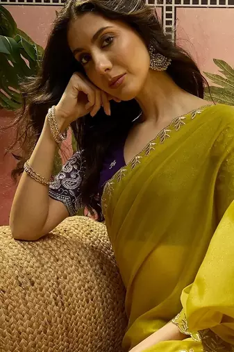 Brown neon chiffon embroidered saree with unstitched blouse piece