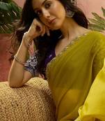 Brown neon chiffon embroidered saree with unstitched blouse piece