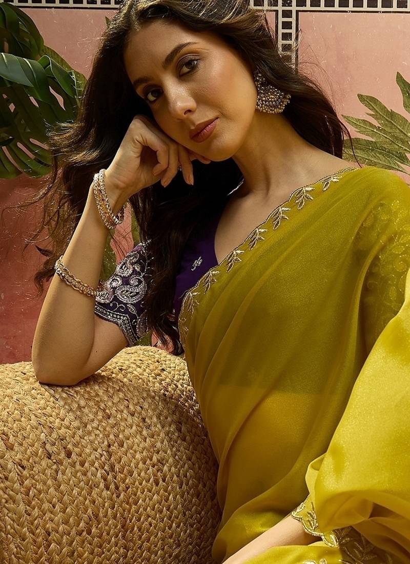 Brown neon chiffon embroidered saree with unstitched blouse piece