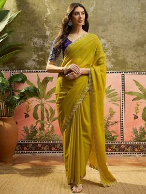 Brown neon chiffon embroidered saree with unstitched blouse piece 2