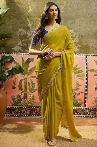 Brown neon chiffon embroidered saree with unstitched blouse piece