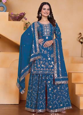 Blue georgette sequin embroidered sharara suit 1