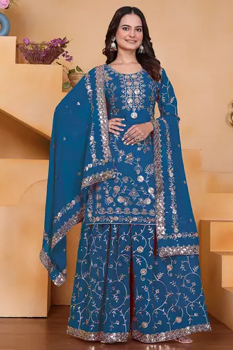 Blue georgette sequence embroidered sharara suit