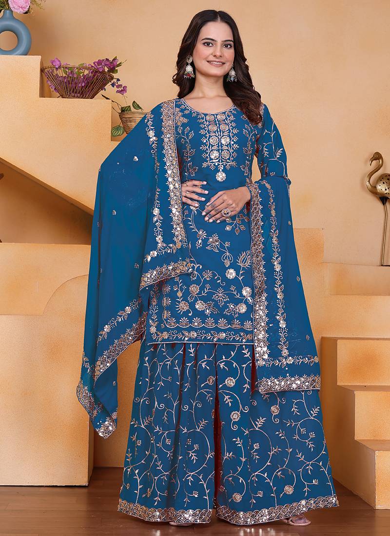 Blue georgette sequence embroidered sharara suit