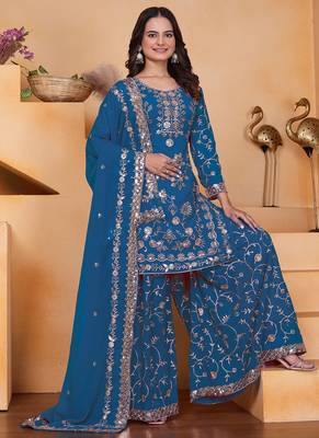 Blue georgette sequin embroidered sharara suit 2