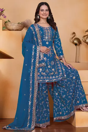 Blue georgette sequence embroidered sharara suit
