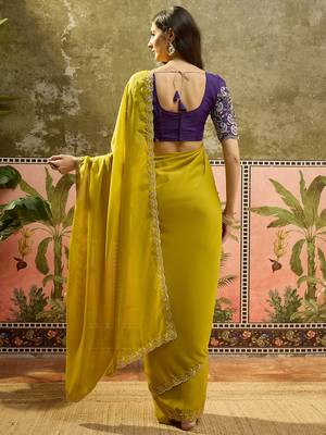 Brown neon chiffon embroidered saree with unstitched blouse piece 3