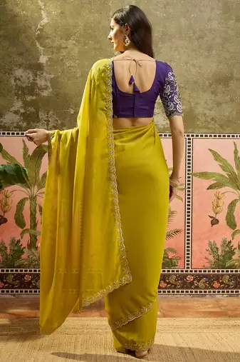 Brown neon chiffon embroidered saree with unstitched blouse piece