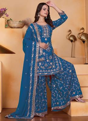 Blue georgette sequin embroidered sharara suit 3