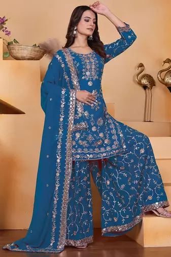 Blue georgette sequence embroidered sharara suit