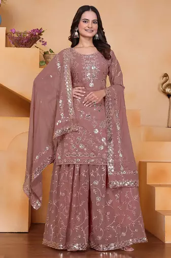 Onion pink georgette sequence embroidered sharara suit