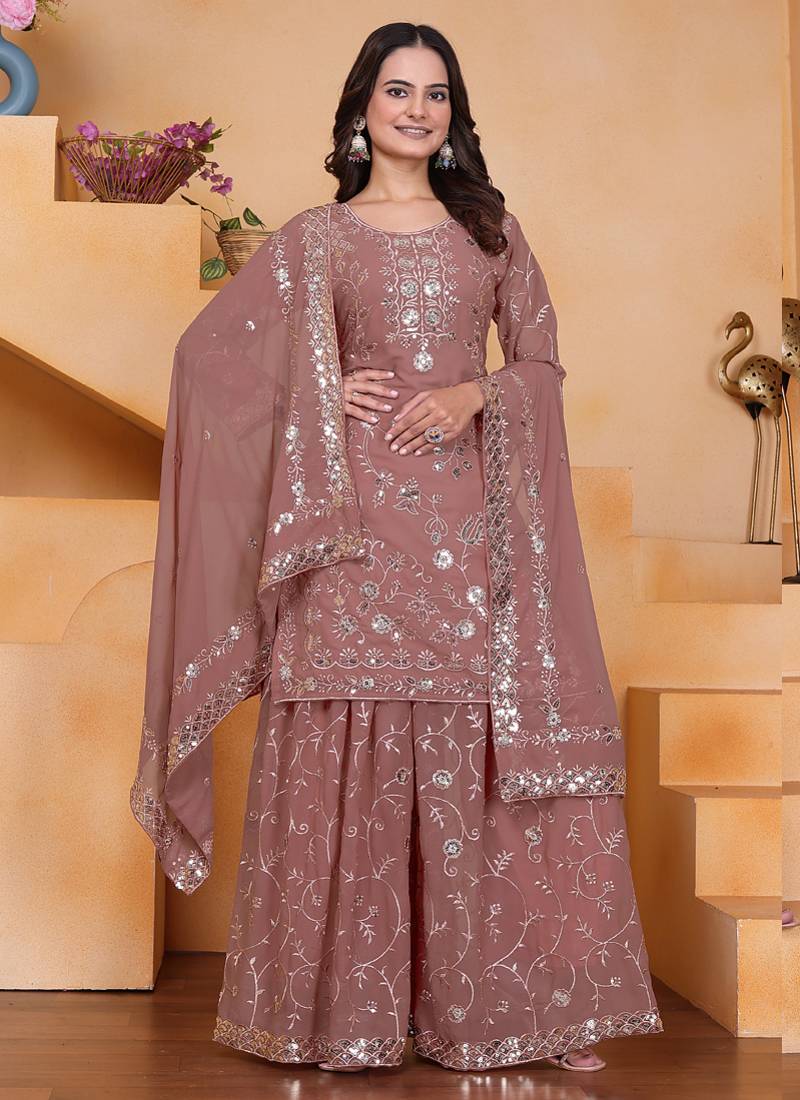 Onion pink georgette sequence embroidered sharara suit