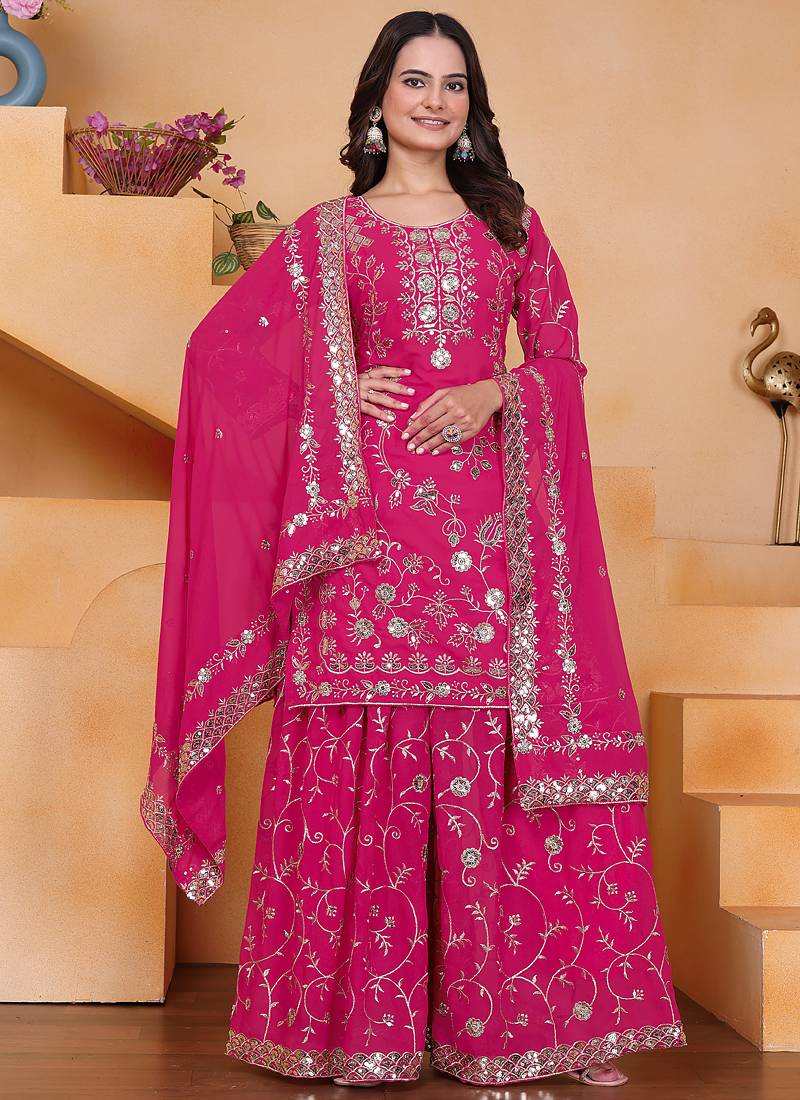 Pink georgette sequence embroidered sharara suit
