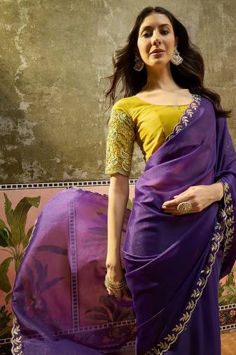 Purple neon chiffon embroidered saree with unstitched blouse piece