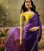 Purple neon chiffon embroidered saree with unstitched blouse piece
