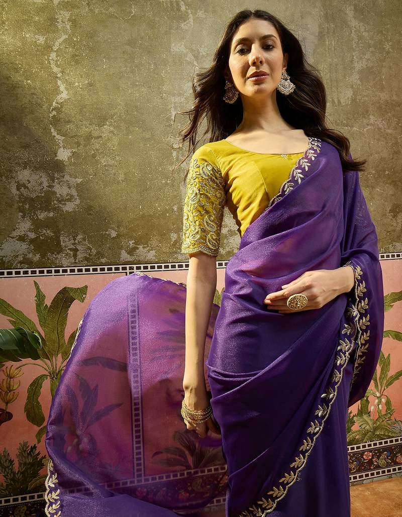Purple neon chiffon embroidered saree with unstitched blouse piece