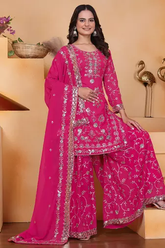 Pink georgette sequence embroidered sharara suit
